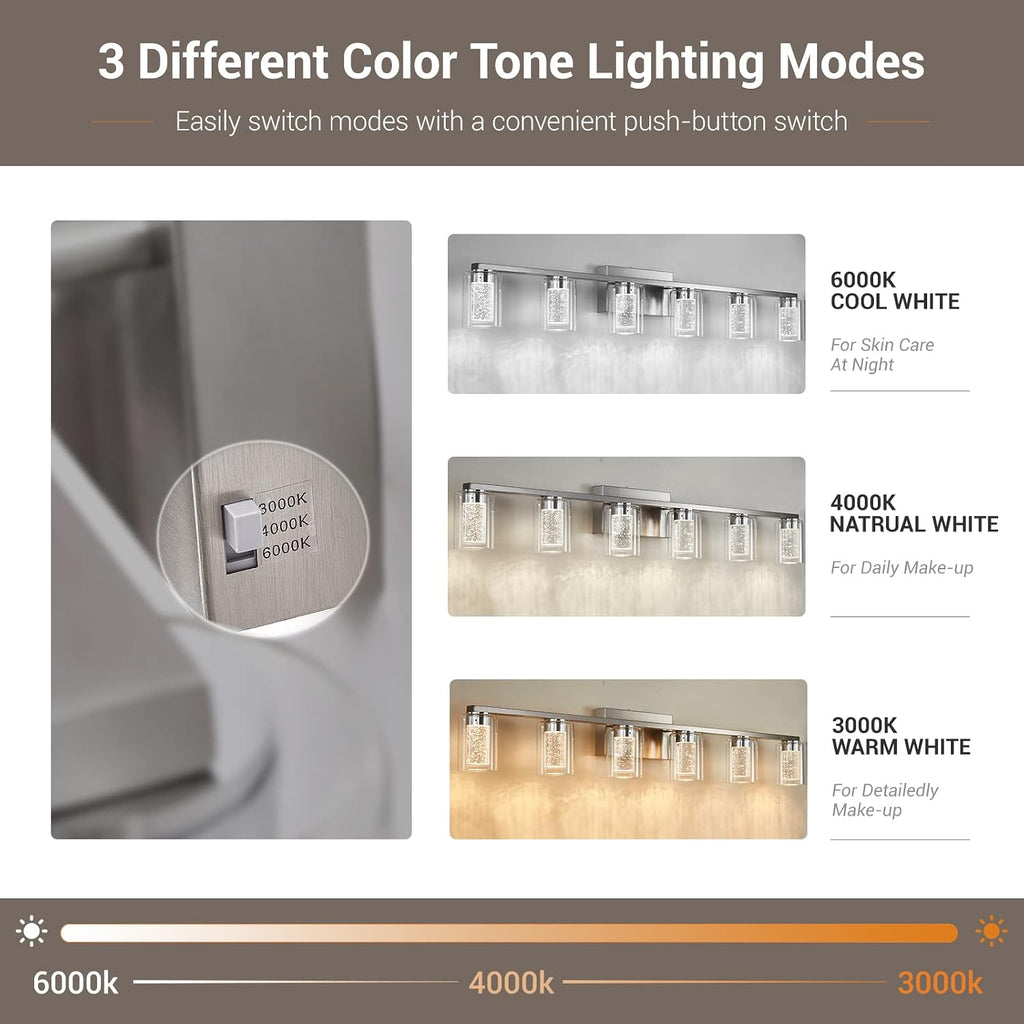 Brushed Nickel 6-Light Vanity Fixtures, Crystal Bubble Glass LED Sconces - Dimmable 3-Color (White/Neutral/Warm) for Bathroom, Hallway, Living Room