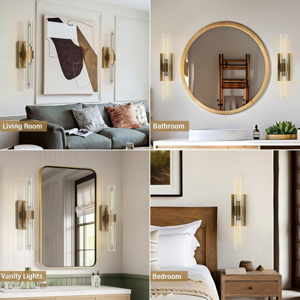 Gold Wall Sconces Set of Two, Brass 22.8' Sconces Wall Lighting,Bathroom Vanity Lights with Clear Glass Shade for Mirror, Living Room, Bedroom, Hallway, Fireplace, Staircase（Including Bulb）