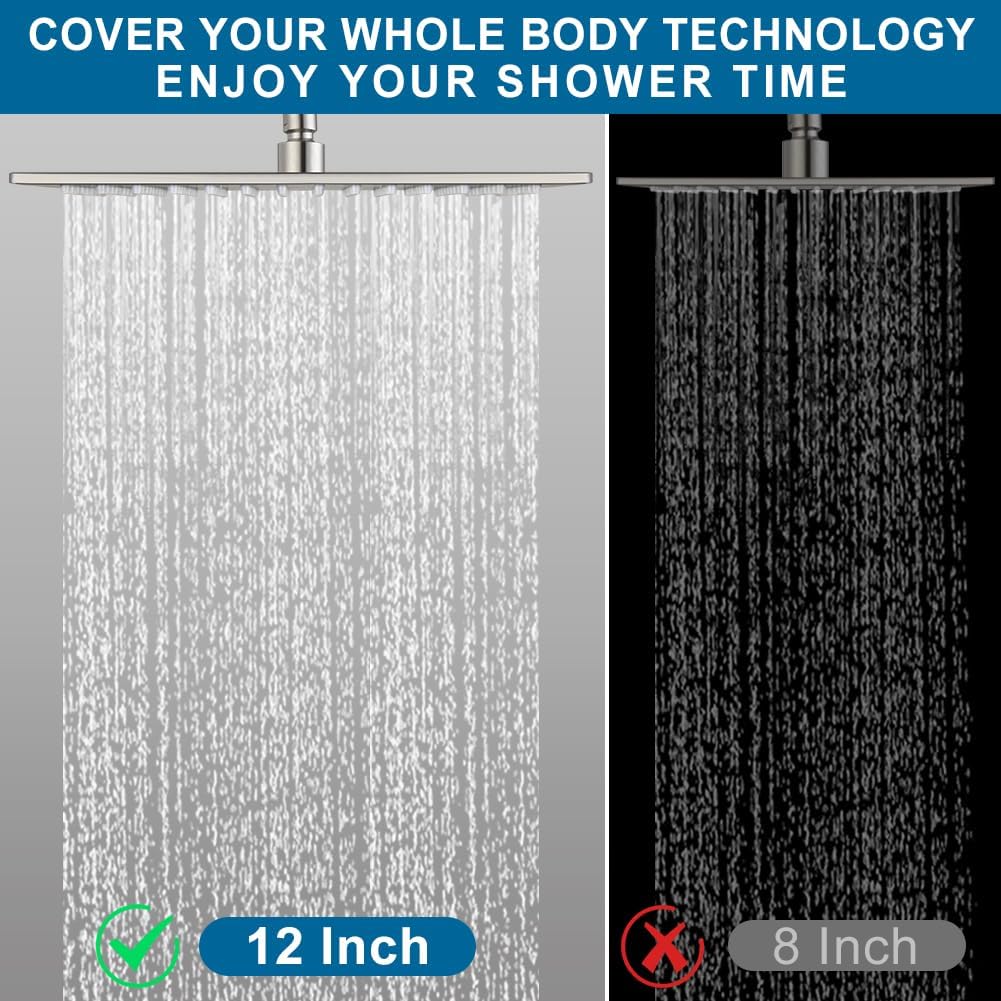 Shower Faucet Set Brushed Nickel Rainfall 12 Inch Shower Head and Handle Set Bathroom Rain Shower System Wall Mounted Shower Fixture Include Shower Valve and Trim Kit