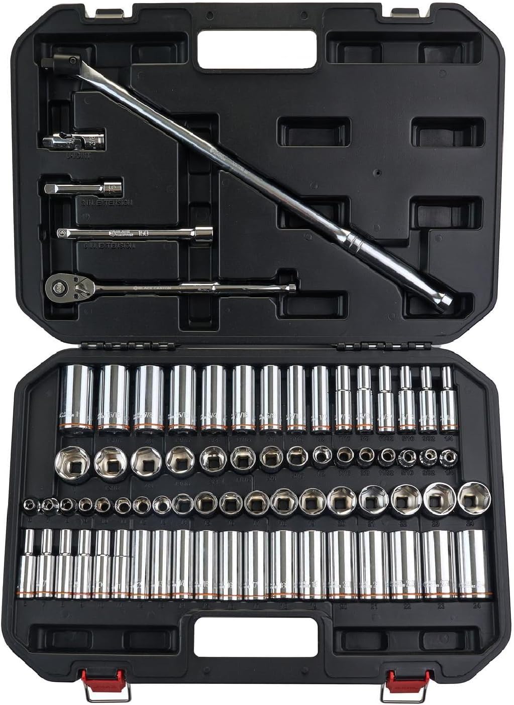 BLACK CANYON 73-Piece 3/8 Deep Socket Set, 6-Point Metric/SAE, Deep & Standard Sockets with 90-Tooth Ratchet, Breaker Bar & Heavy-Duty Case – Professional Grade for Demanding Applications
