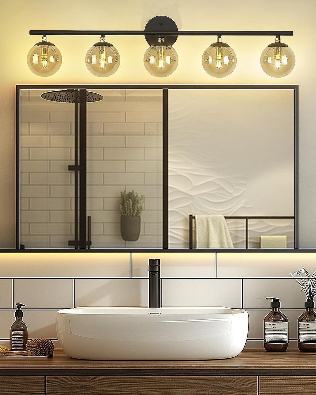 LMS 5-Light Matte Black Vanity Light, Modern Bathroom Lighting Over Mirror, Black and Brass Gold Finish with Globe Glass Shade, LMS-116-5