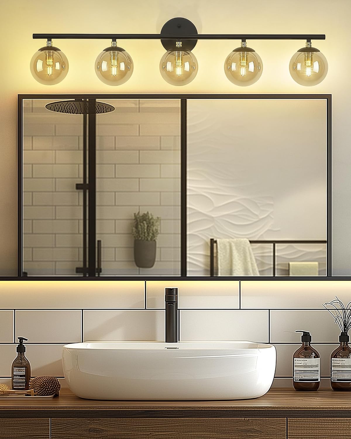 LMS 5-Light Matte Black Vanity Light, Modern Bathroom Lighting Over Mirror, Black and Brass Gold Finish with Globe Glass Shade, LMS-116-5