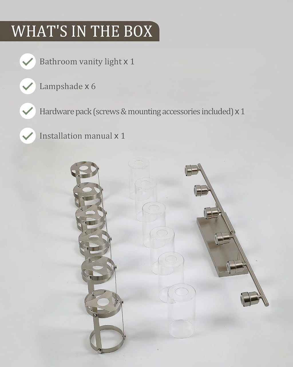 6-Light Brushed Nickel Bathroom Light Fixtures Over Mirror with Clear Glass and Metal Cage Shade, 42' UL-Listed Modern Farmhouse Wall Sconce for Bath, Hardwire E26, OS-3014BN-6W