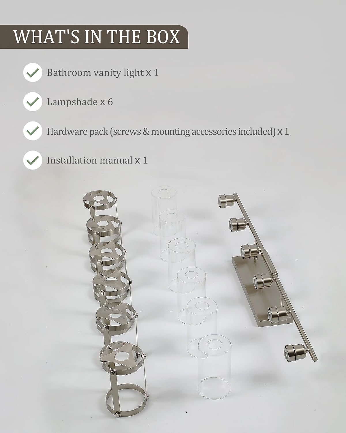 6-Light Brushed Nickel Bathroom Light Fixtures Over Mirror with Clear Glass and Metal Cage Shade, 42' UL-Listed Modern Farmhouse Wall Sconce for Bath, Hardwire E26, OS-3014BN-6W