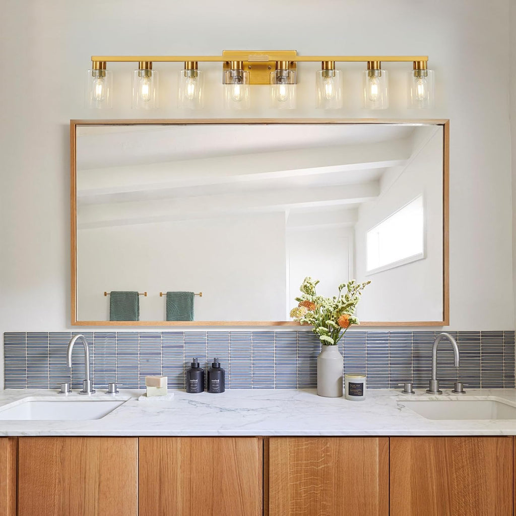 8 Light Gold Bathroom Light Fixtures, Modern Large Vanity Lights with Clear Glass Shade, Brushed Brass Bathroom Lighting Fixtures Over Mirror, Wall Scones Light for Bedroom, Living Room
