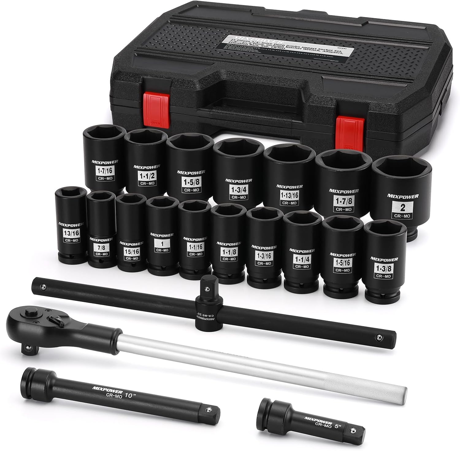 MIXPOWER 21 Pieces 3/4'' Drive Deep Jumbo Impact Socket Set,SAE(7/8''-2''),6 Point,Ratchet Wrench Adapters Extension Bars,CR-MO