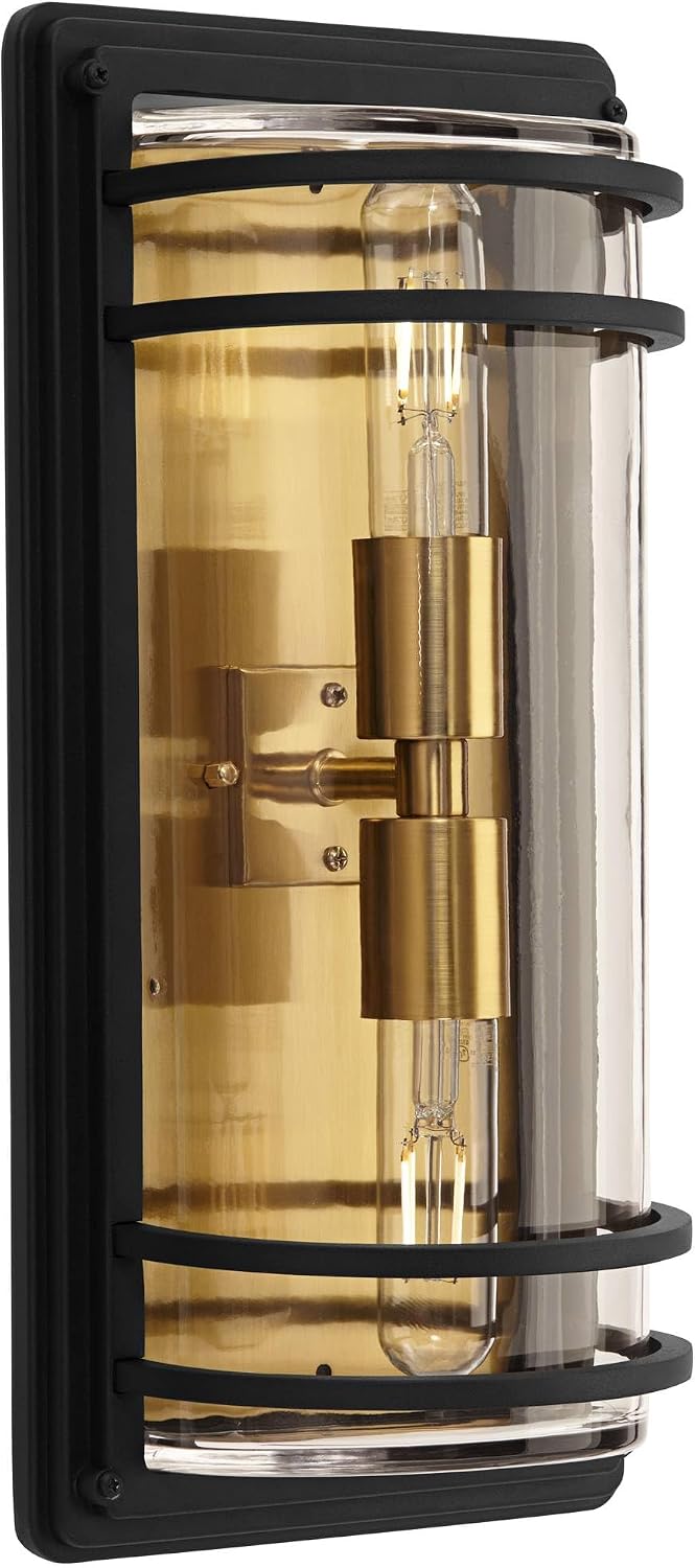 John Timberland Habitat Modern Industrial Wall Light Sconces Set of 2 Black Warm Brass Hardwire 7 1/2' Fixture Clear Glass Shade for Bedroom Bathroom Bedside Vanity Living Room Home Hallway