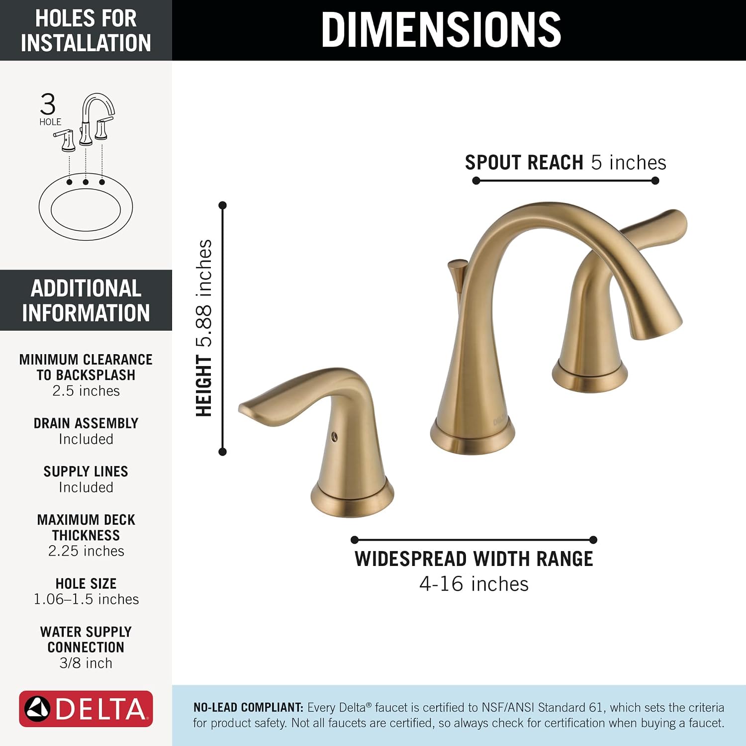 Delta Lahara Brushed Gold Bathroom Faucet 3 Hole, 8 Inch Widespread Bathroom Sink Faucet for Vanity, Metal Push-Pop Drain Assembly, Champagne Bronze 3538-CZMPU-DST