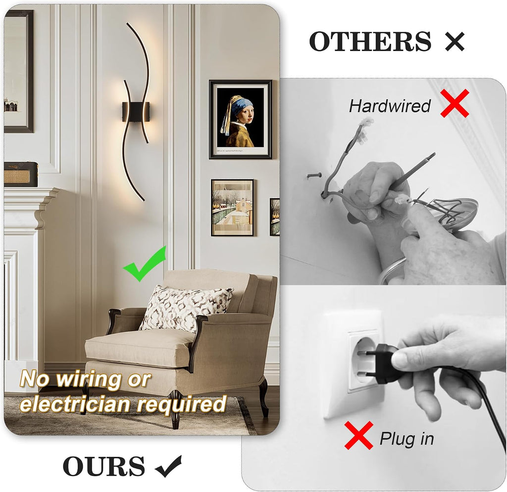 Battery Operated Wall Sconces Set of Two with Remote Control, Battery Wall Light, Stepless Colors 3000K-6000K & Dimming, Black Rechargeable Wall Sconces for Living Room, Hallway, Bedroom, 39.3 Inch