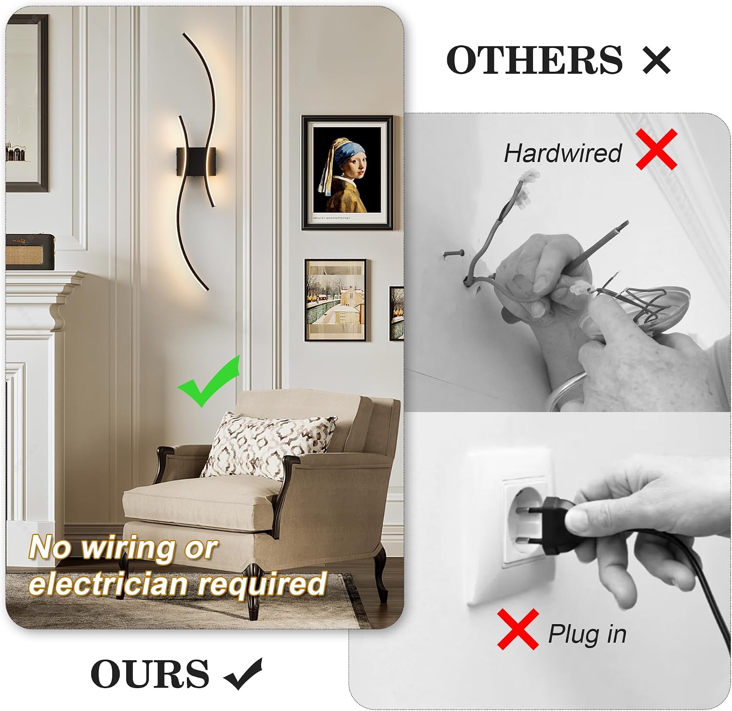 Battery Operated Wall Sconces Set of Two with Remote Control, Battery Wall Light, Stepless Colors 3000K-6000K & Dimming, Black Rechargeable Wall Sconces for Living Room, Hallway, Bedroom, 39.3 Inch
