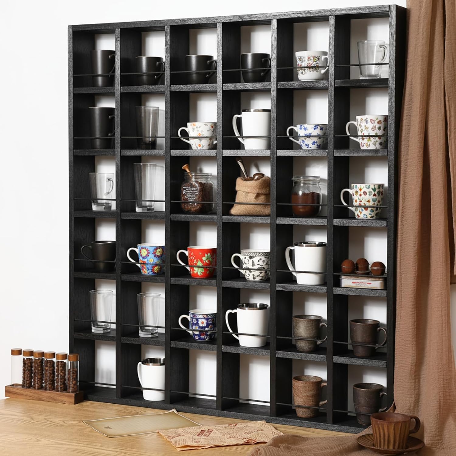 Kigley Oversize Coffee Mug Display Rack Wooden Shelves Rustic Shot Glass Display Case Travel Mug Shelf Wall Mounted Rack Holder Shadow Box (6 x 6,Black)