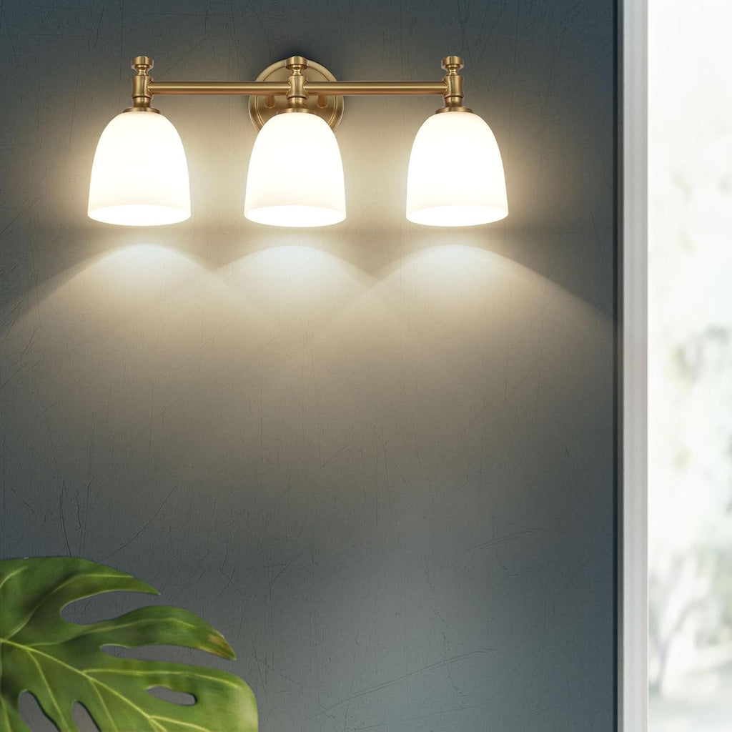 Gold Bathroom Vanity Light, 3-Light Bathroom Light Fixtures Over Mirror, Traditional Vanity Lights for Living Room, Milk White Bell Glass Shades, Standard E26 Base, Aged Brass