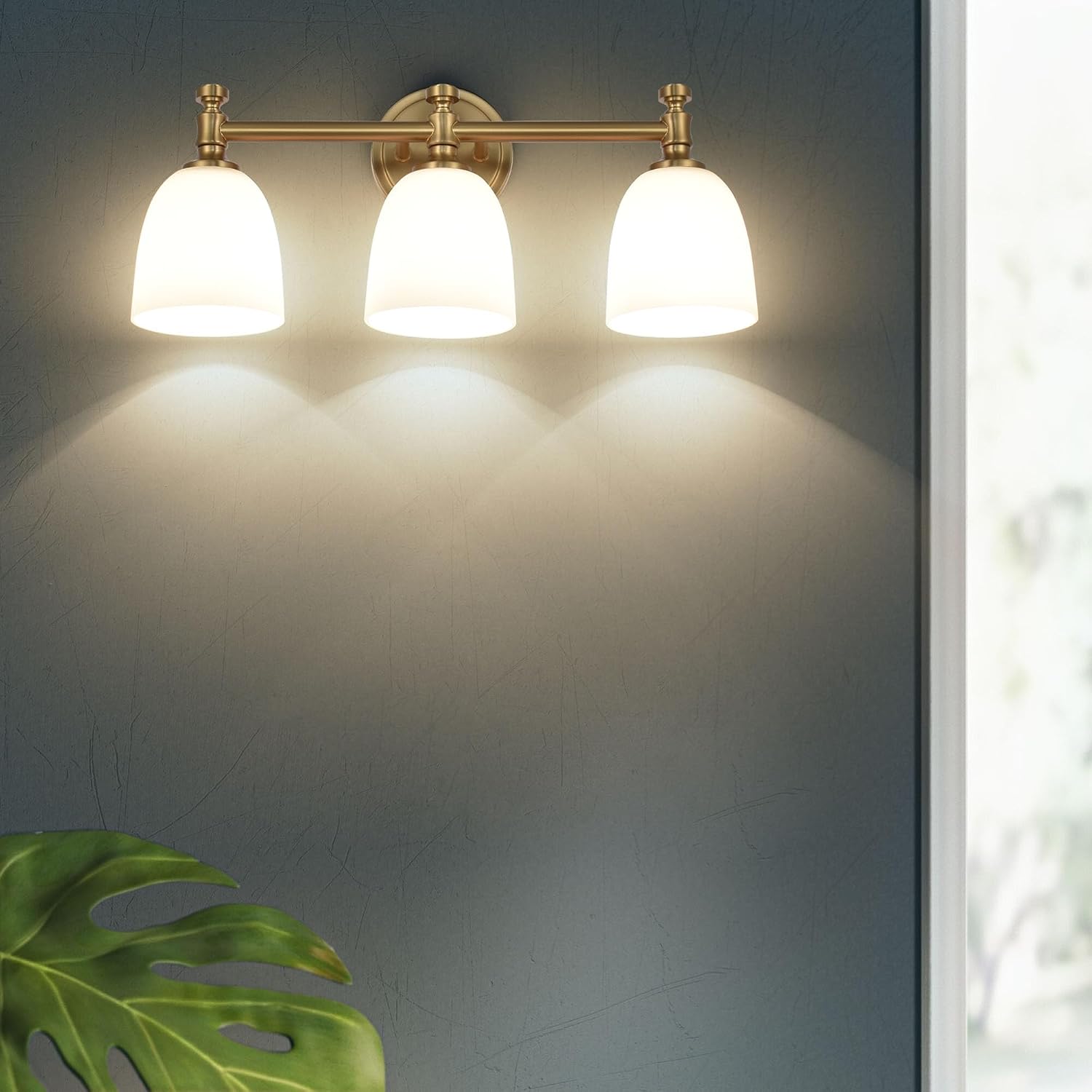 Gold Bathroom Vanity Light, 3-Light Bathroom Light Fixtures Over Mirror, Traditional Vanity Lights for Living Room, Milk White Bell Glass Shades, Standard E26 Base, Aged Brass