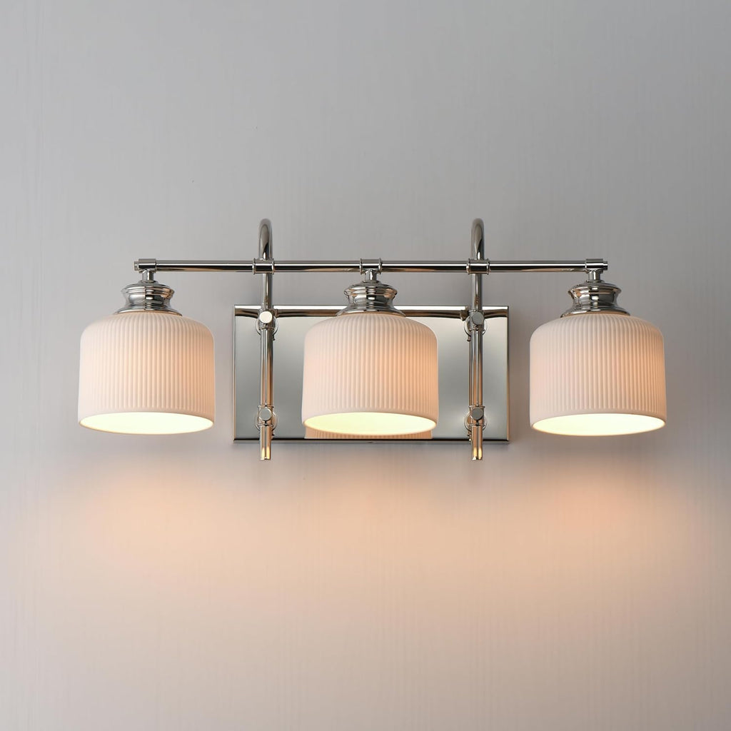 Maxim Lighting Bisque 24' 3-Light Bath Vanity | Polished Nickel Finish | White Ribbed Bisque Ceramic Shades | Modern Bathroom Wall Light | 21493WTPN