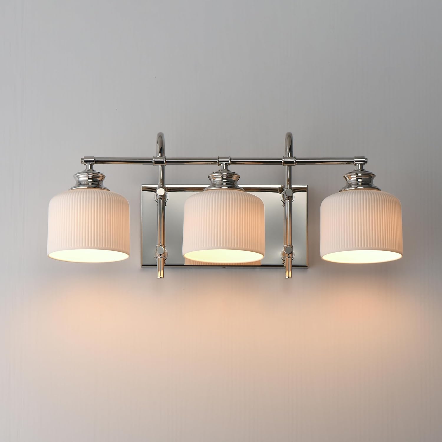 Maxim Lighting Bisque 24' 3-Light Bath Vanity | Polished Nickel Finish | White Ribbed Bisque Ceramic Shades | Modern Bathroom Wall Light | 21493WTPN