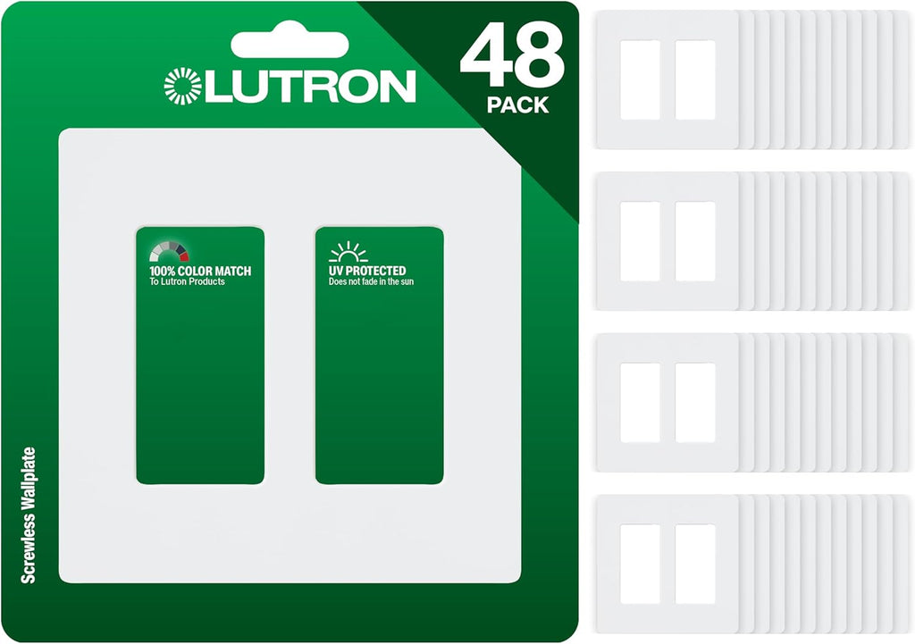 Lutron Claro Light Switch Cover Plate, 2 Gang Wallplate, for Decorator Light Switches, Rocker Light Switch Cover, Outlet Cover, Screwless Switch Plate Cover, Gloss, CW-2-WH-48, White, 48 Pack