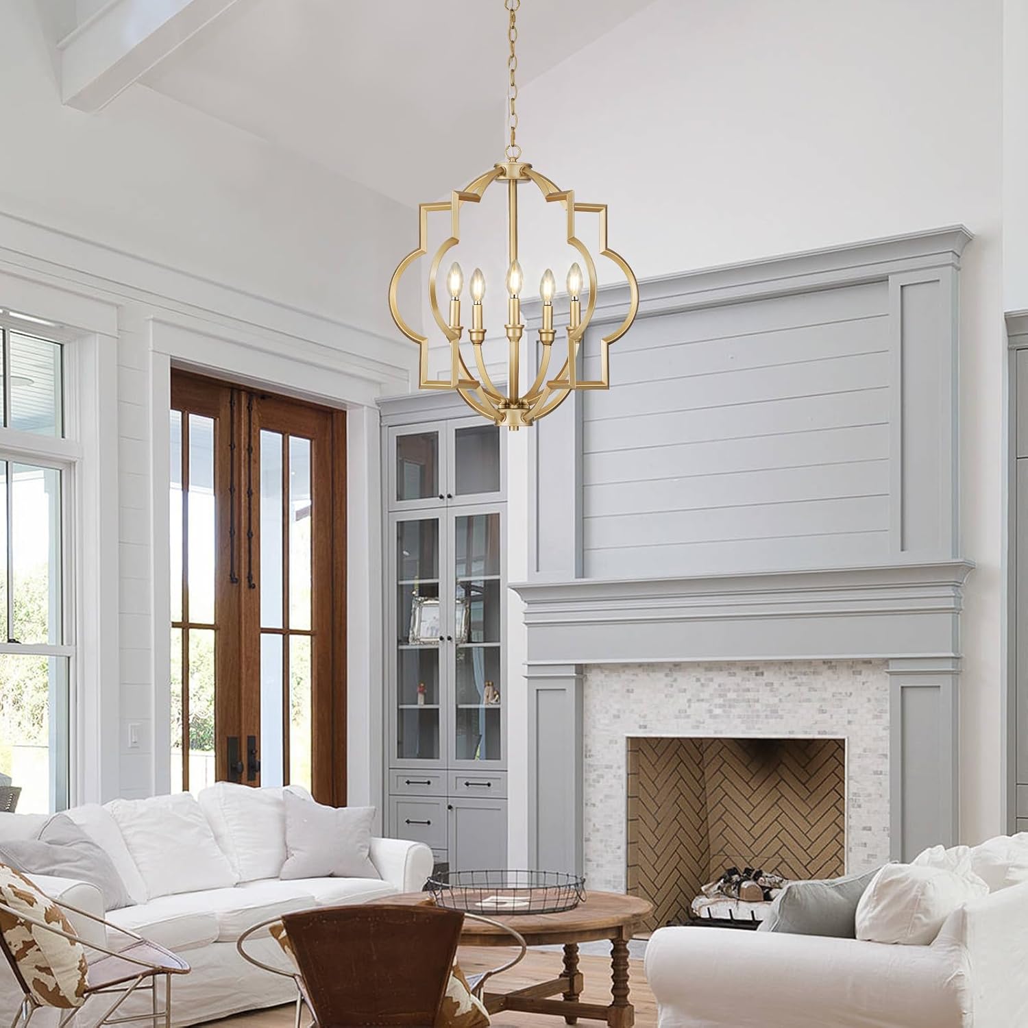 5-Light Gold Farmhouse Pendant Hanging Light Fixtures, 22' Rustic Globe Chandelier for Kitchen Island, Dining Room, Living Room, Hallway, Entryway