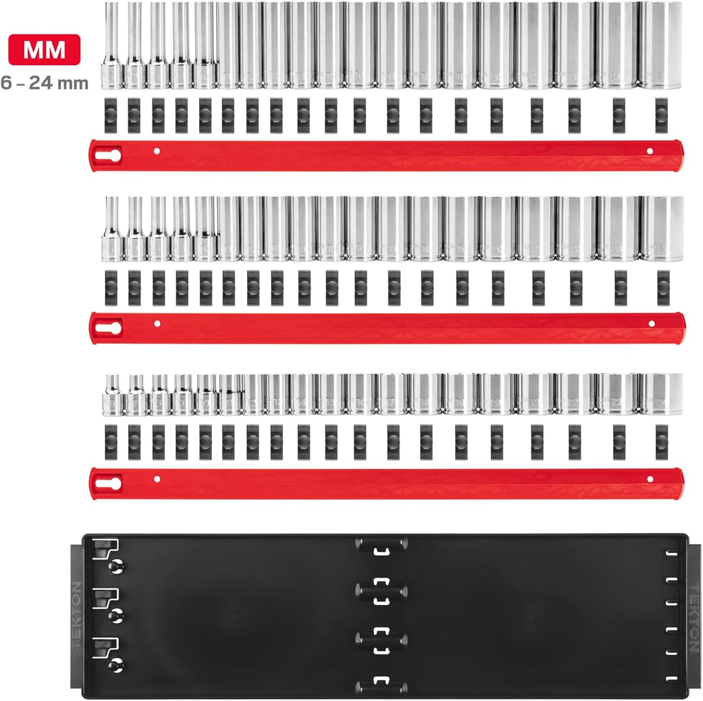 TEKTON 3/8 Inch Drive Shallow, Semi-Deep, and Deep 6-Point Socket Set with Rails and Trays, 57-Piece (6-24 mm) | SHD91124