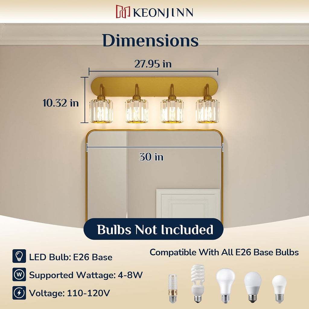 Keonjinn 4-Light Bathroom Light Fixtures, Crystal Gold Bathroom Vanity Lights Over Mirror, Vanity Lighting Fixtures with Crystal Square Shades (E26 Socket, Exclude Bulb)