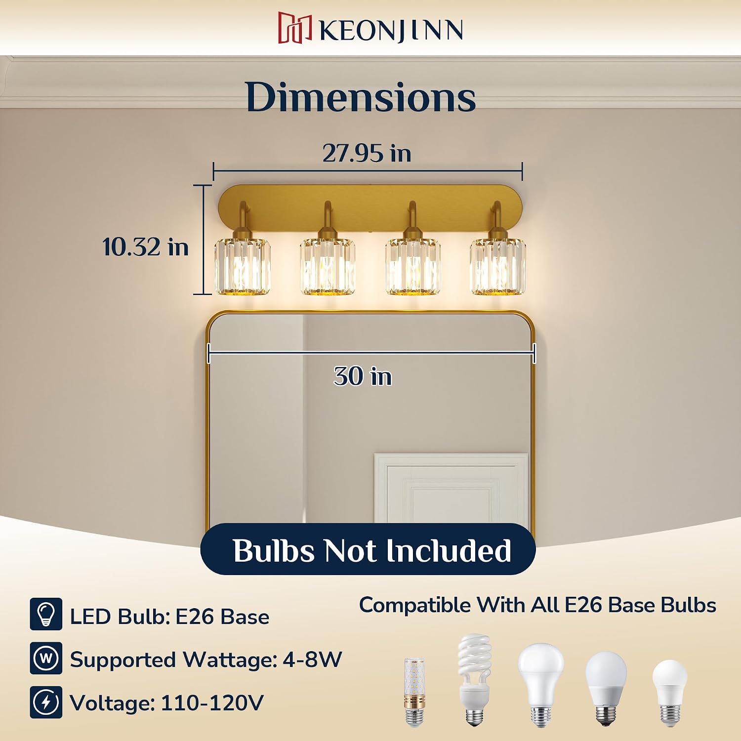 Keonjinn 4-Light Bathroom Light Fixtures, Crystal Gold Bathroom Vanity Lights Over Mirror, Vanity Lighting Fixtures with Crystal Square Shades (E26 Socket, Exclude Bulb)