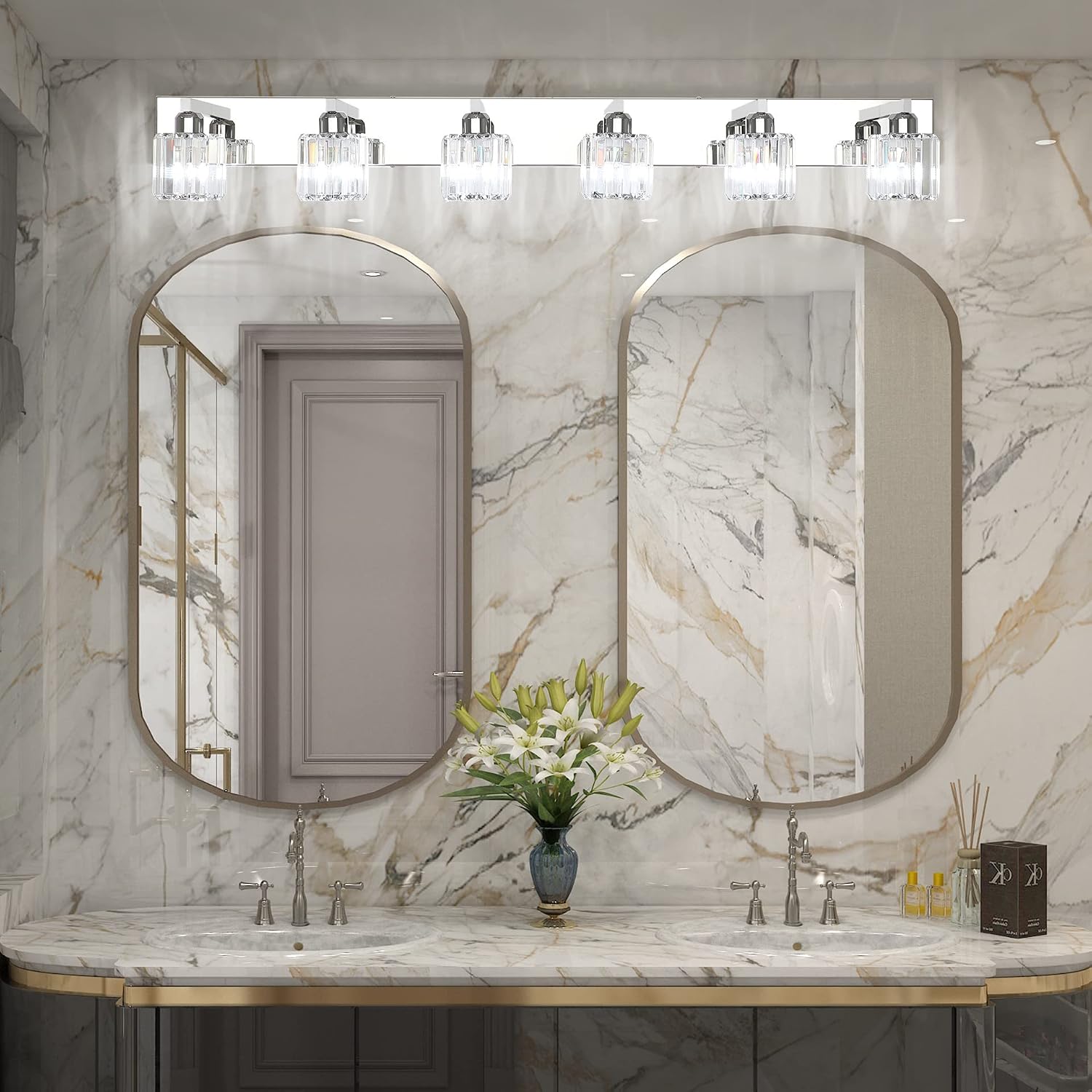 Aipsun Bathroom Vanity Light Crystal Vanity Lighting Fixtures 6 Lights Chrome Vanity Light for Bathroom (Exclude Bulb)