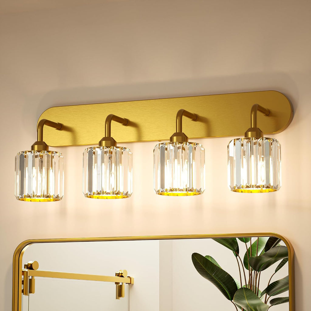 Keonjinn 4-Light Bathroom Light Fixtures, Crystal Gold Bathroom Vanity Lights Over Mirror, Vanity Lighting Fixtures with Crystal Square Shades (E26 Socket, Exclude Bulb)