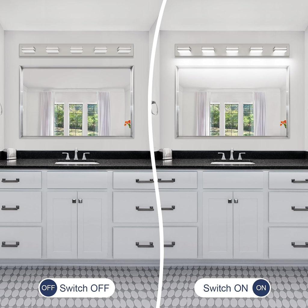 SineRise LED Modern Bathroom Vanity Light Fixtures (5-Light, 40-Inch), Brushed Nickel Modern Acrylic Bathroom Wall Lighting Fixtures Over Mirror (Cool White 6000K)