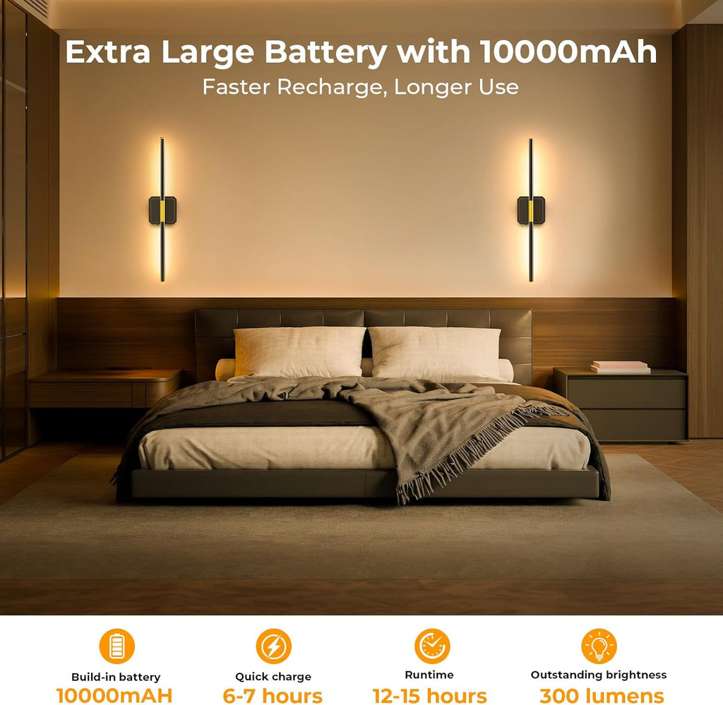 GvvooHome Battery Operated Wall Sconce Detachable 360°Rotate, Wireless Wall Lamp 3000-6500K Dimmable, 10000mAh Rechargeable Wall Light for Bedroom, Living Room，28.3' Black Gold 4 Pack