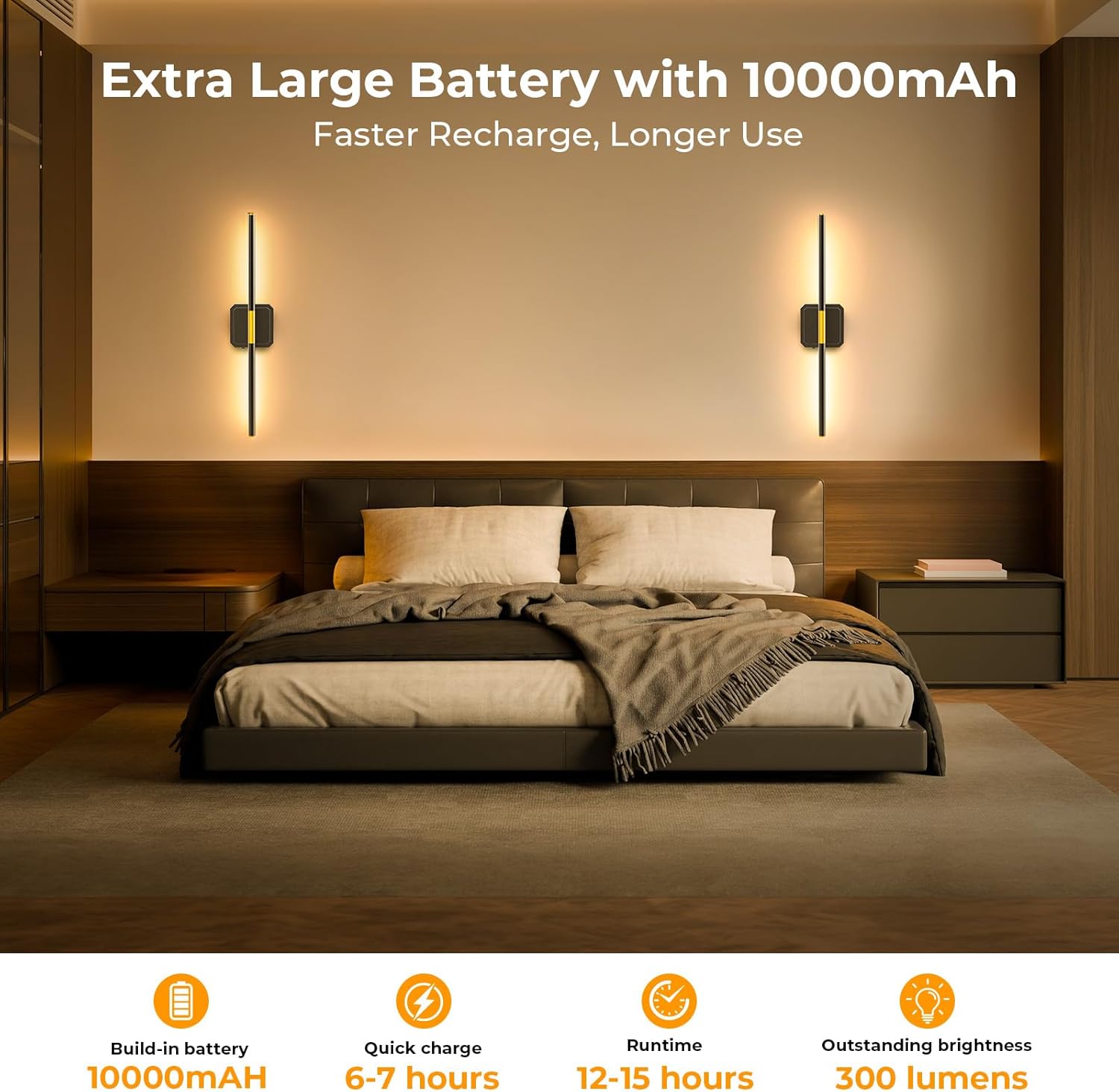 GvvooHome Battery Operated Wall Sconce Detachable 360°Rotate, Wireless Wall Lamp 3000-6500K Dimmable, 10000mAh Rechargeable Wall Light for Bedroom, Living Room，28.3' Black Gold 4 Pack