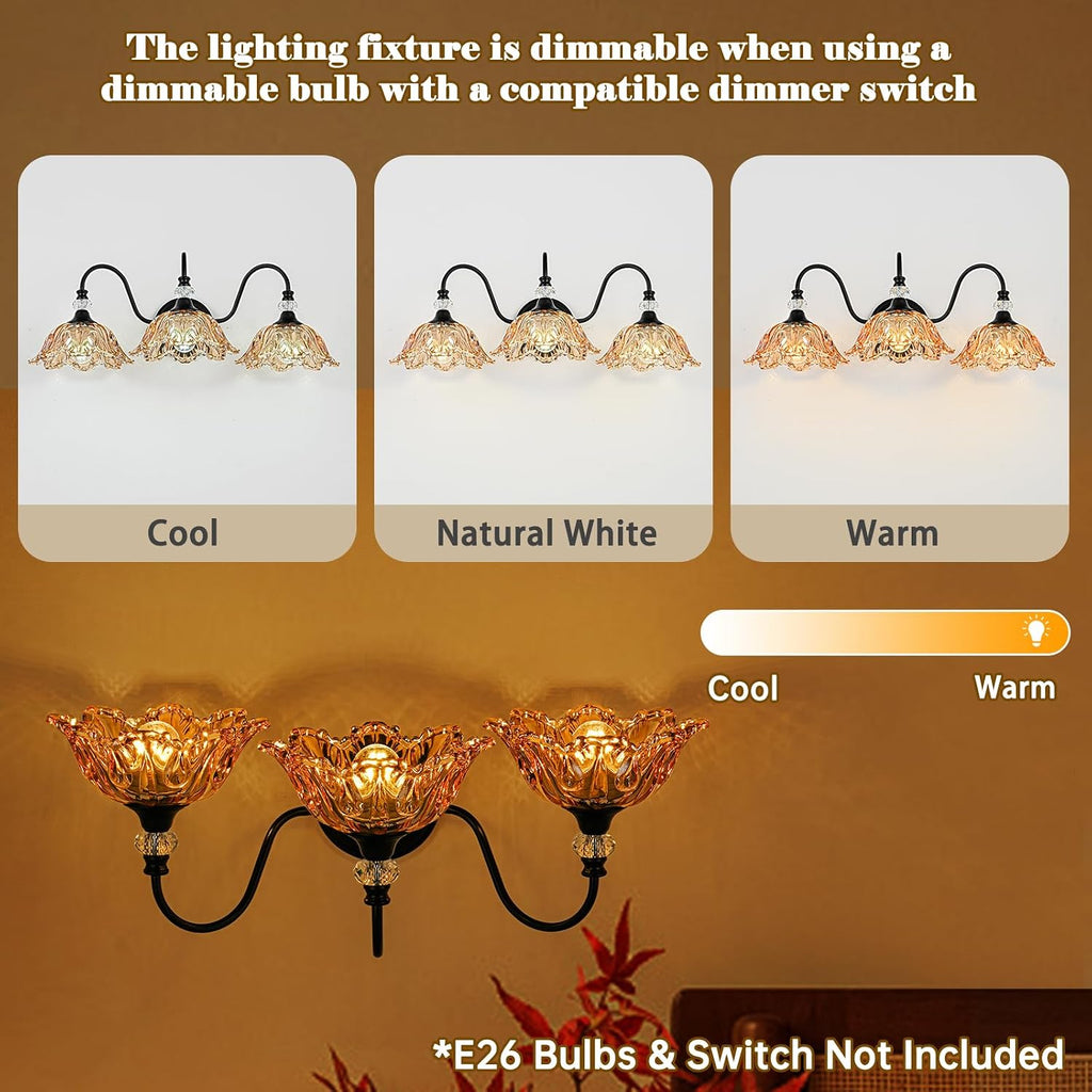 Black Bathroom Vanity Light,3-Light Vanity Light with Floral Amber Glass Shades,Vintage Farmhouse Wall Mount Lighting for Bathroom, Dressing Table