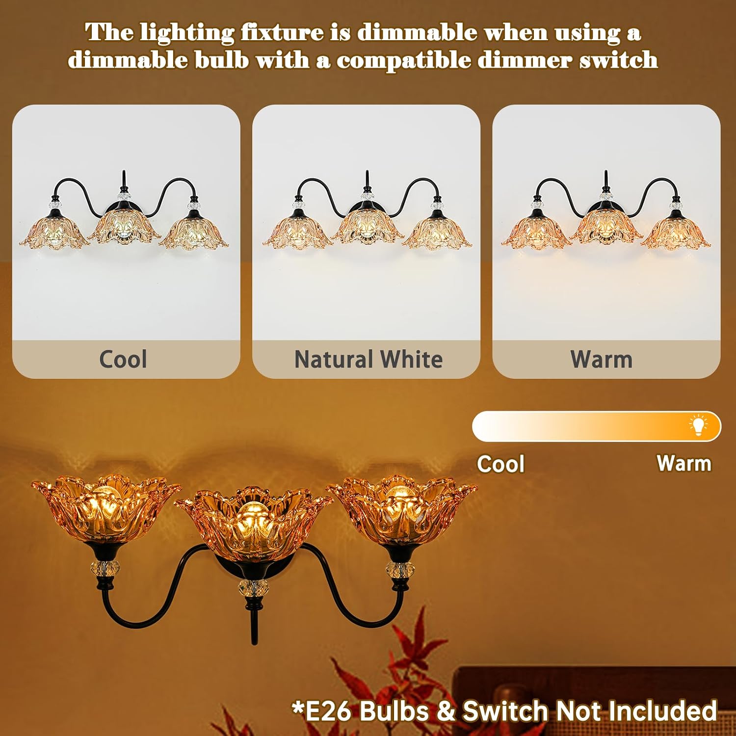Black Bathroom Vanity Light,3-Light Vanity Light with Floral Amber Glass Shades,Vintage Farmhouse Wall Mount Lighting for Bathroom, Dressing Table