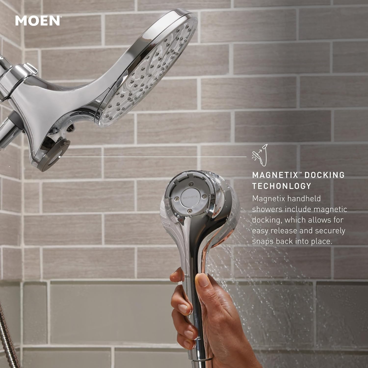 Moen Ronan Spot Resist Brushed Nickel Single-Handle Modern Tub and Shower Faucet with Round Handheld Rain Shower Spray Head Featuring Magnetix, Valve Included, 82021SRN