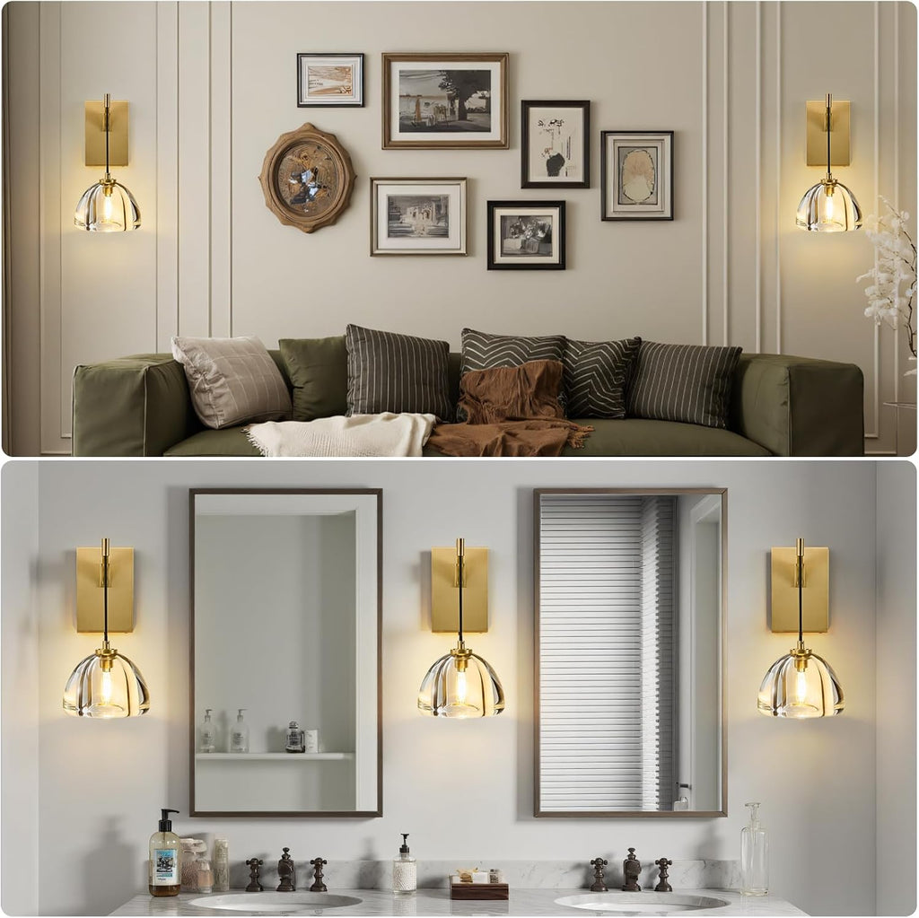 Crystal Brass Dome Wall Sconce - Luxury Brushed Lighting Fixture with K9 Crystals Cloche - Set of 2 Modern Gold Sconces - Dimmable Indoor Hanging Light for Bathroom Bedroom Living Room Stair Hallway