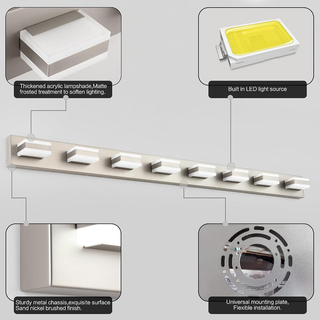 SOLFART Bathroom Light Fixtures Brushed Nickel Vanity Lights for Bathroom Above Mirror, 8 Light Led Lighting Fixture, Nickel Vanity Light, 61 Inch Vanity Light Over Mirror