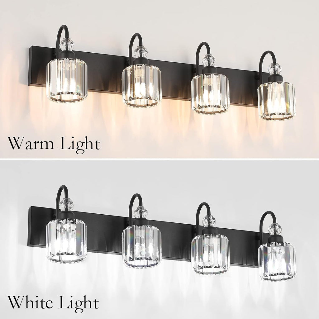 Ralbay Modern Black Vanity Light - 4-Light Crystal Bathroom Wall Light Fixtures in Matte Black