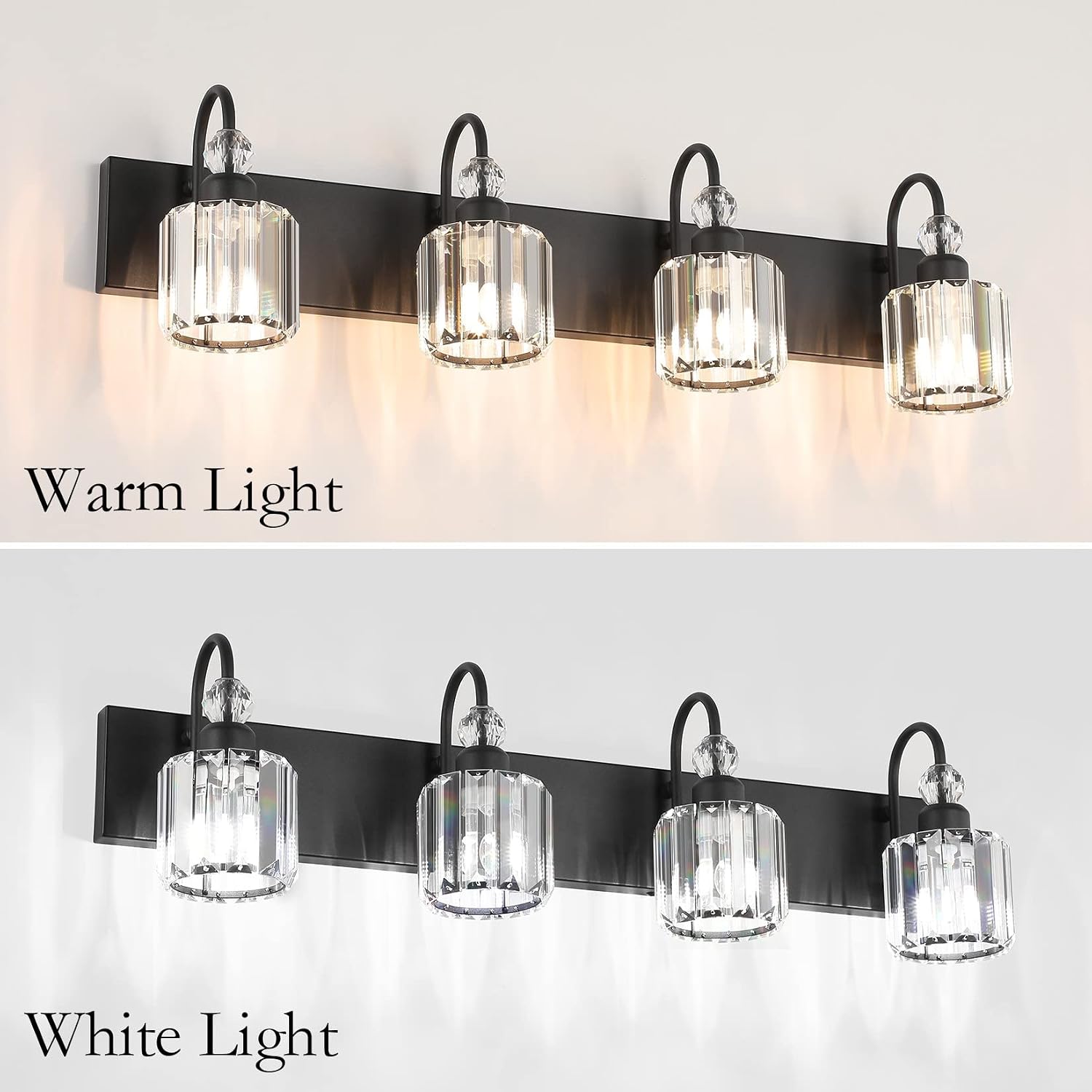 Ralbay Modern Black Vanity Light - 4-Light Crystal Bathroom Wall Light Fixtures in Matte Black