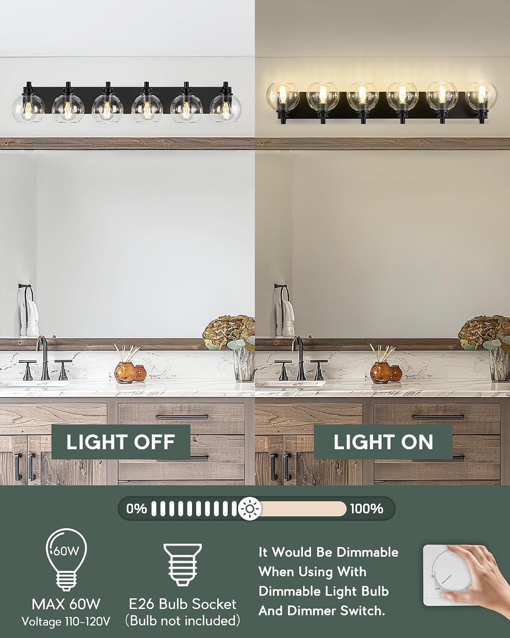 Bathroom Light Fixtures, 6 Light Matte Black Vanity Light, 38 Inch Modern Wall Sconces with Globe Clear Glass Shade, Vanity Lighting Fixtures Over Mirror, VL195-MB-6