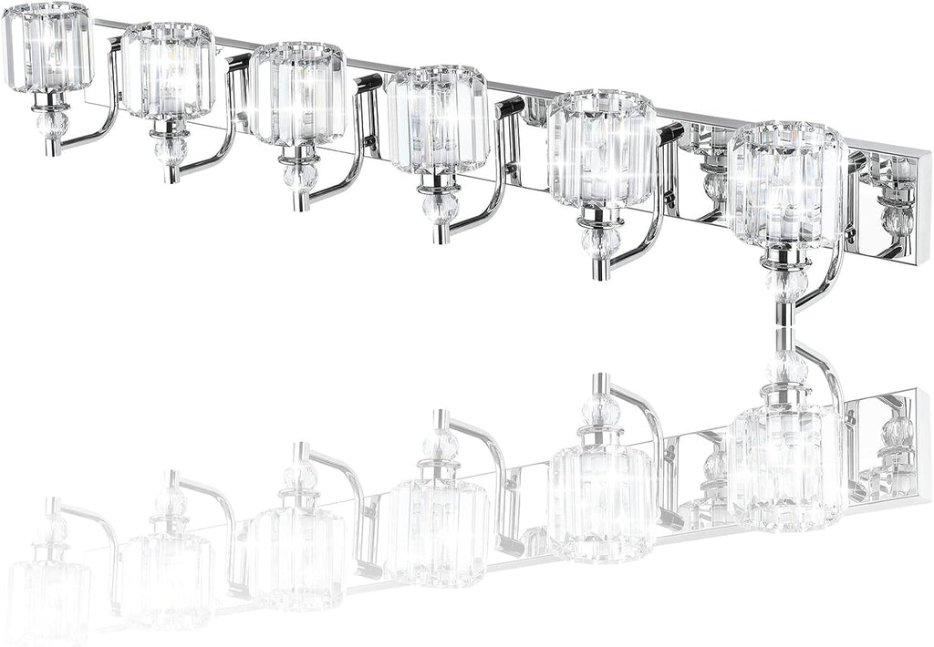 Ralbay Crystal Vanity Lights 6 Light 48' Modern Crystal Bathroom Lights Fixtures Over Long Mirror Stainless Steel Chrome Vanity Light for Bathroom Wall Lights Fixtures