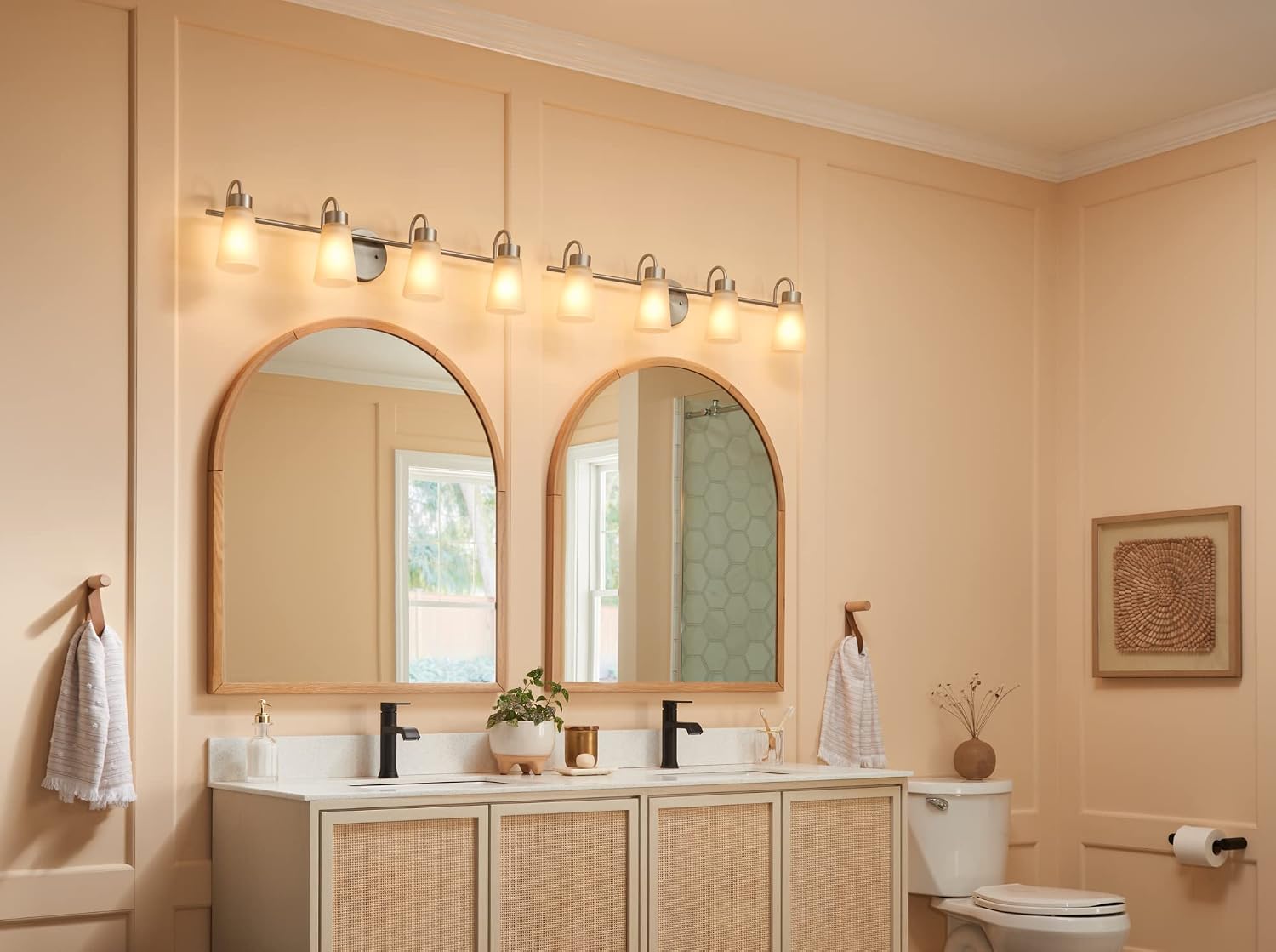 Kichler Stamos 4-Light Bathroom Vanity Light Fixture with Satin Etched Glass Shades, 26 in Modern Wall Light in Brushed Nickel for Bathroom Mirror (26 in x 8 in x 5 in), 55122NI
