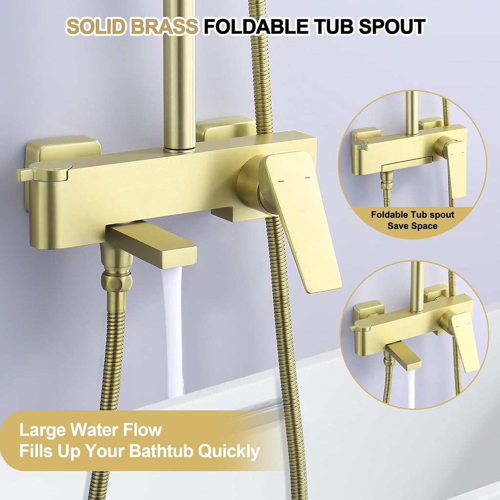 Shower Systems with 12 x8 Inches Rain Shower Head,Brushed Gold Exposed Pipe Shower System,3 Functions Tub Shower Faucet Sets,Overhead Shower System with Handheld