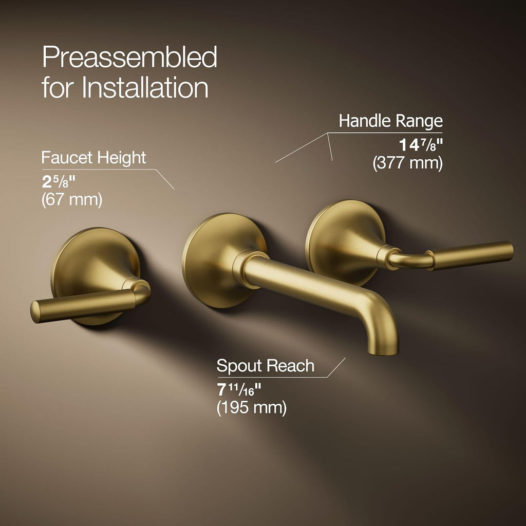 Kohler T26439-4-2MB Tone Wall-Mount Bathroom Sink Faucet Trim with Lever Handles, 1.2 GPM in Vibrant Brushed Moderne Brass