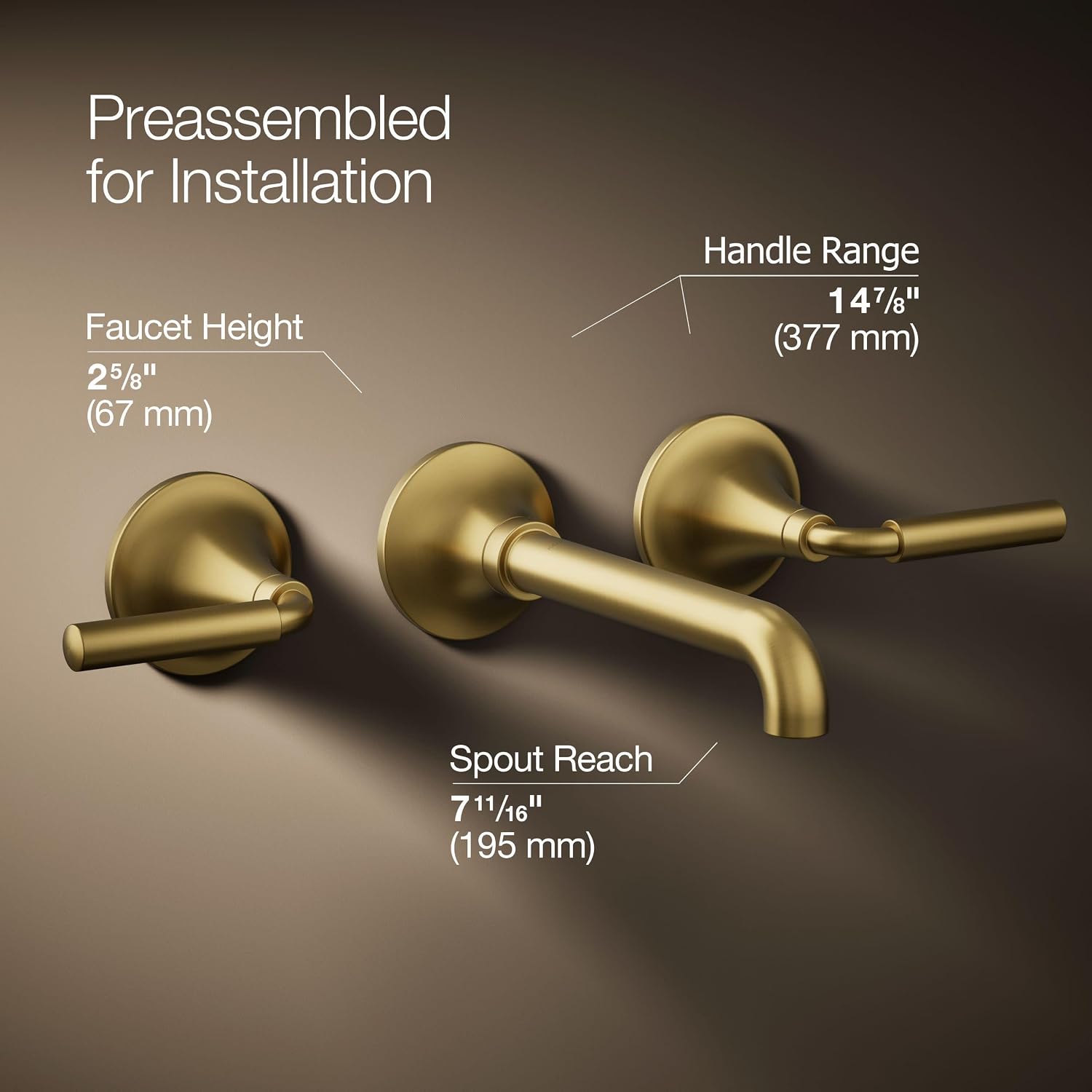 Kohler T26439-4-2MB Tone Wall-Mount Bathroom Sink Faucet Trim with Lever Handles, 1.2 GPM in Vibrant Brushed Moderne Brass