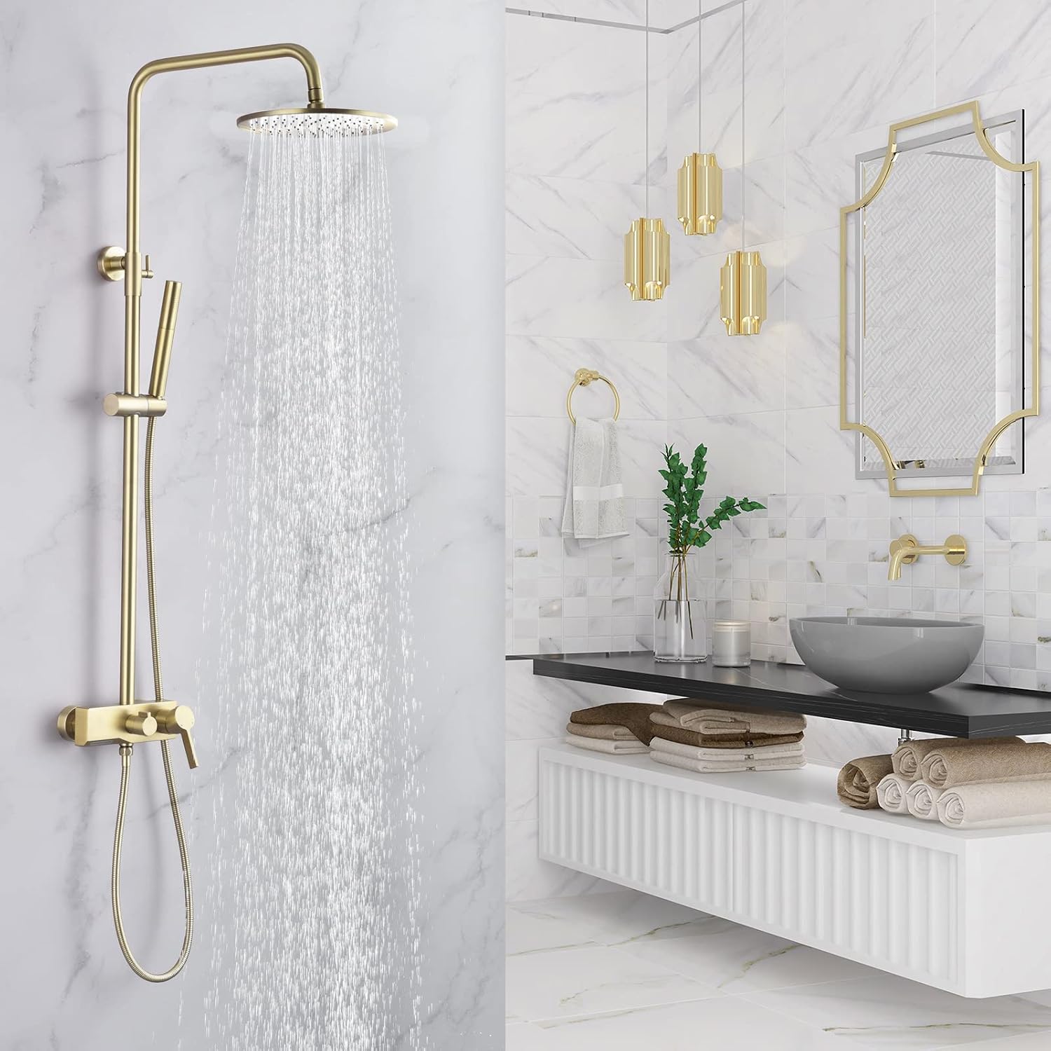 Brushed Gold Exposed Shower System with 2 Modes HandHeld,3 Functions Tub Shower Faucet Sets with Brass Valve, Shower Fixture with 10 Inches Rainfull Shower Head,Shower Height Adjustable