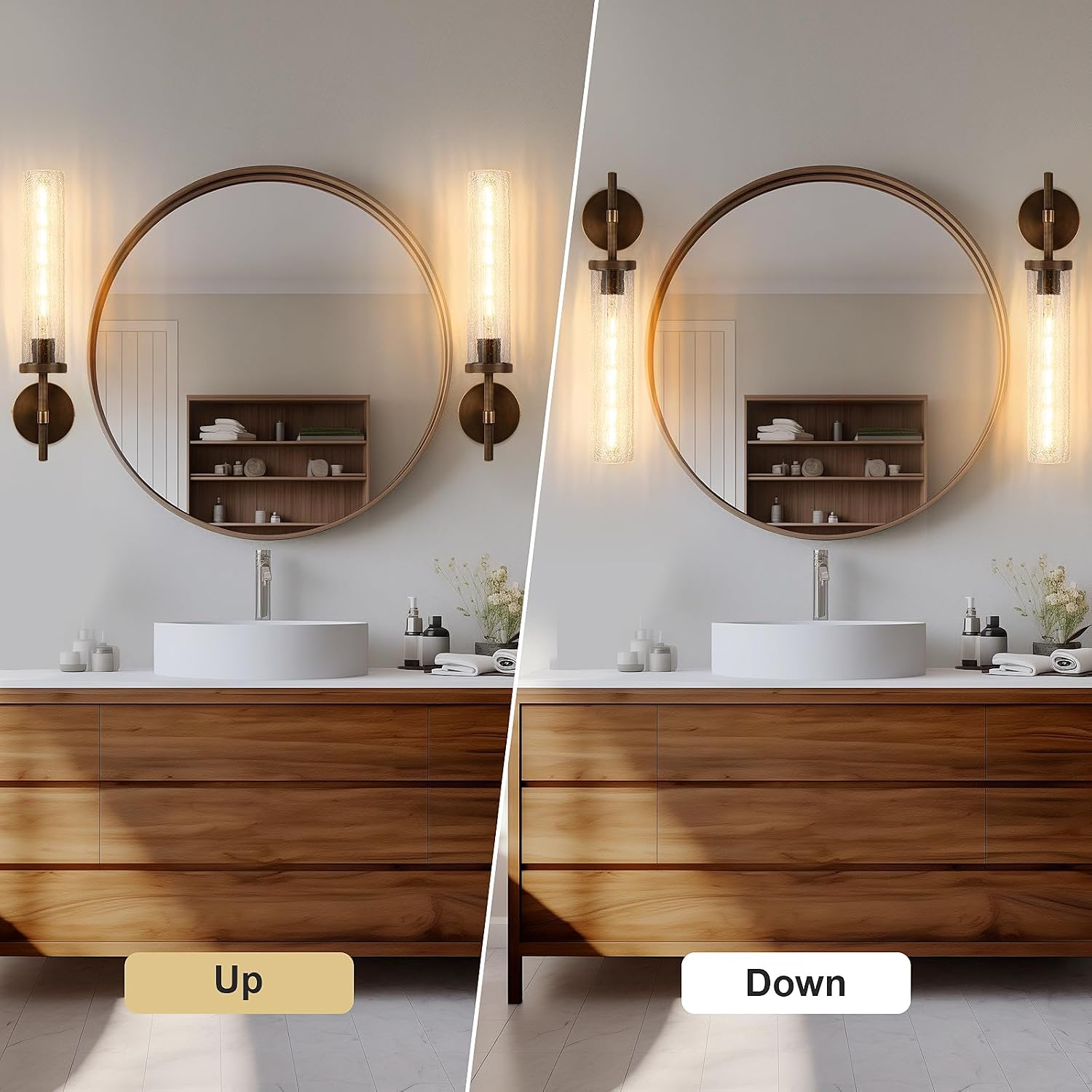 19.5' Knurled Brass Wall Sconce with Crackle Glass Tube, Bronze Bathroom Vanity Light Fixtures, Modern Lamp Lighting for Bedroom, Living Room, Hallway, Staircase, Mirror, Kitchen