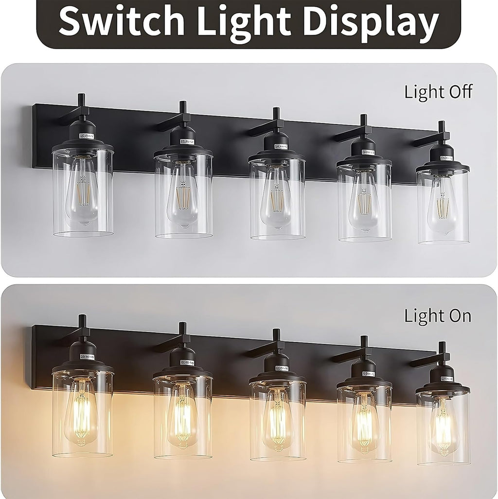 Lanhall 5-Light Black Bathroom Light Fixture Over Mirror Modern Farmhouse Bathroom Vanity Light Vintage Wall Lighting with Clear Glass Shade for Bathroom, Bedroom, Hallway, Cabinet