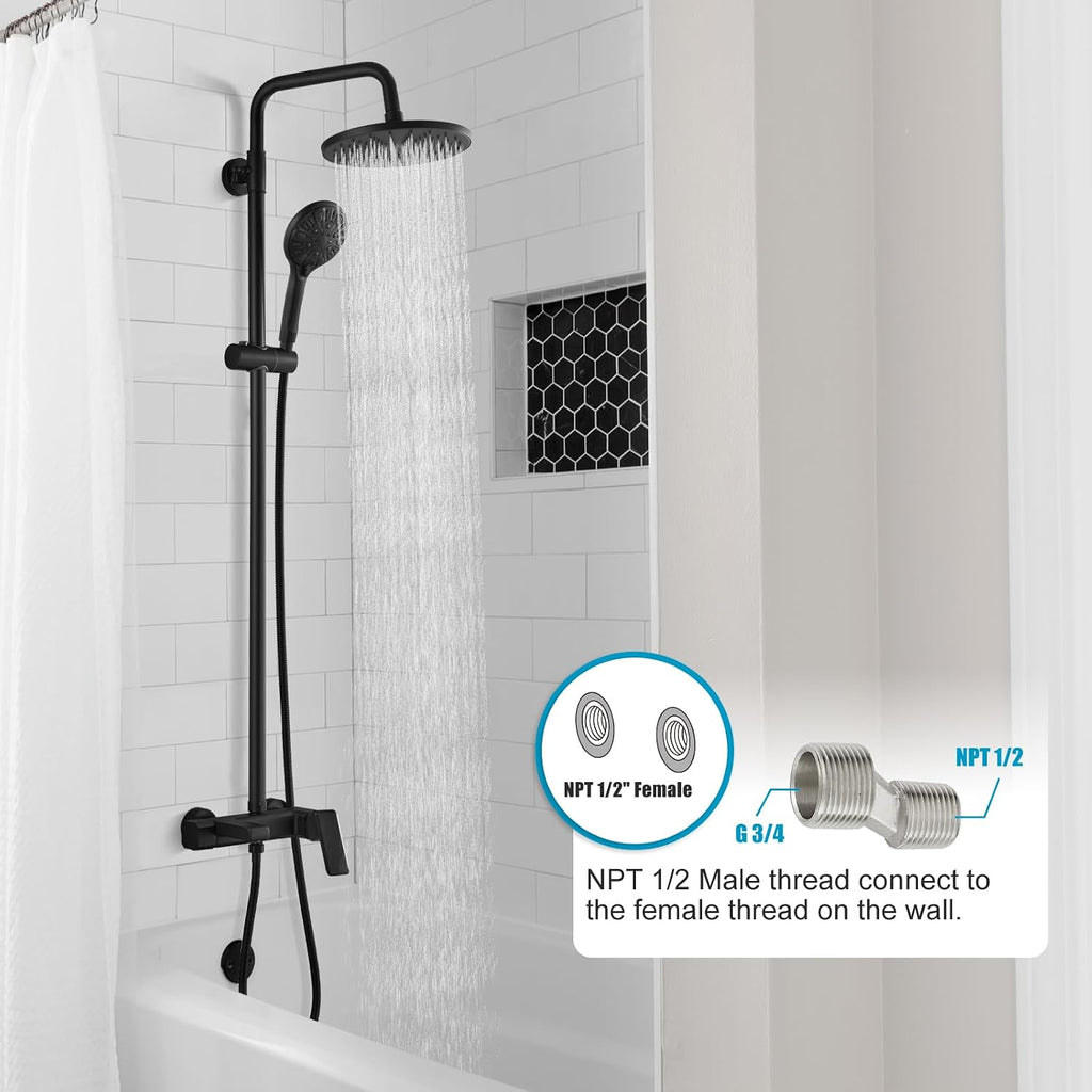gotonovo Matte Black Exposed Shower Fixture Faucet Set Triple Function 8 Inch Rainfall Showerhead and Tub Spout Shower System Combo Unit, Multi Functional ABS Handheld