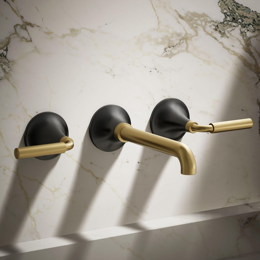Kohler T26439-4-BMB Tone Wall-Mount Bathroom Sink Faucet Set, Bathroom Faucet with Two Lever Handles, Matte Black with Moderne Brass
