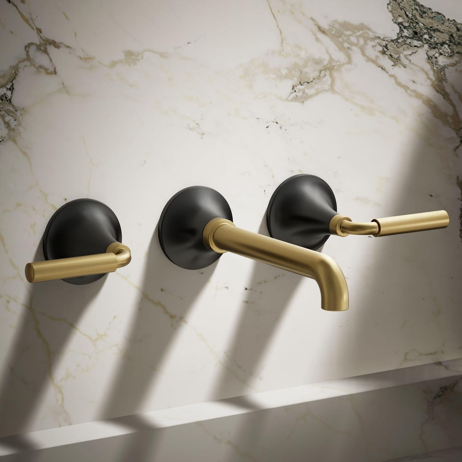 Kohler T26439-4-BMB Tone Wall-Mount Bathroom Sink Faucet Set, Bathroom Faucet with Two Lever Handles, Matte Black with Moderne Brass