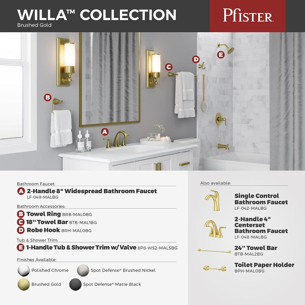 Pfister Willa Bathroom Sink Faucet 4 inch Centerset 2-Handle 3-Hole Vanity Faucet NSF Certified Brushed Gold Finish with Push & Seal Drain and TiteSeal Mounting Technology LF048MALBG