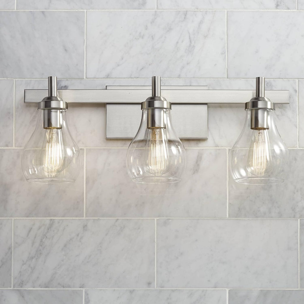 Possini Euro Design Danvers Modern Wall Mount Light Brushed Nickel Silver Hardwired 21' Wide 3-Light Fixture Clear Glass Globe Shade for Bathroom Vanity Mirror House Home Room Decor